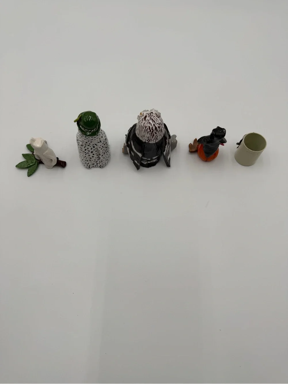 Vintage collection of five small, hand-painted ceramic/porcelain owl figurines